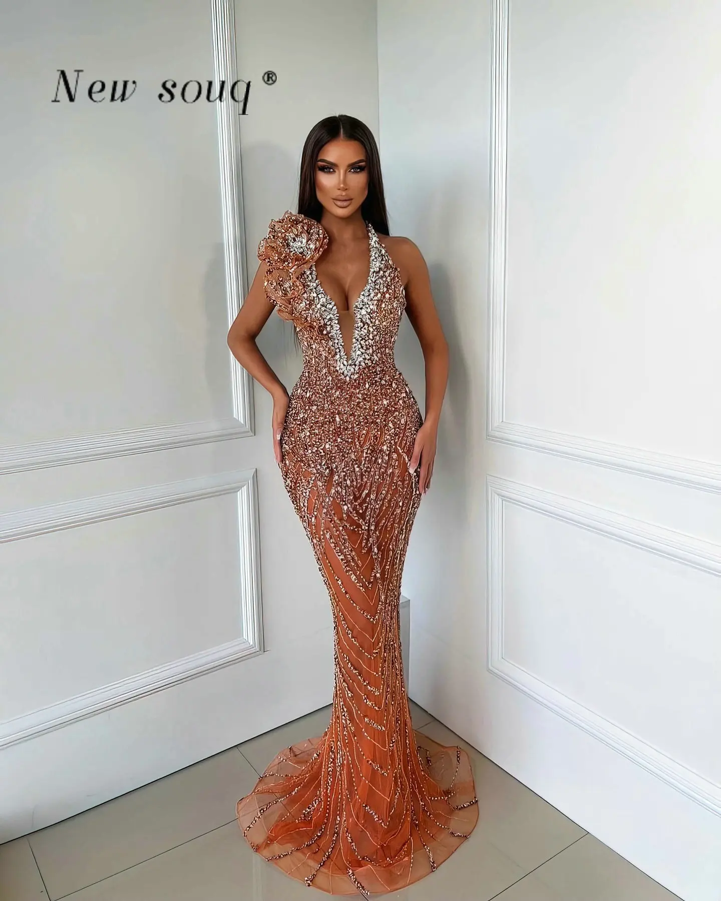 Orange Sexy Halter Deep V Neck Mermaid Evening Dresses Crystals Long Sequins Prom Gowns Customize Wedding Party Vestidos