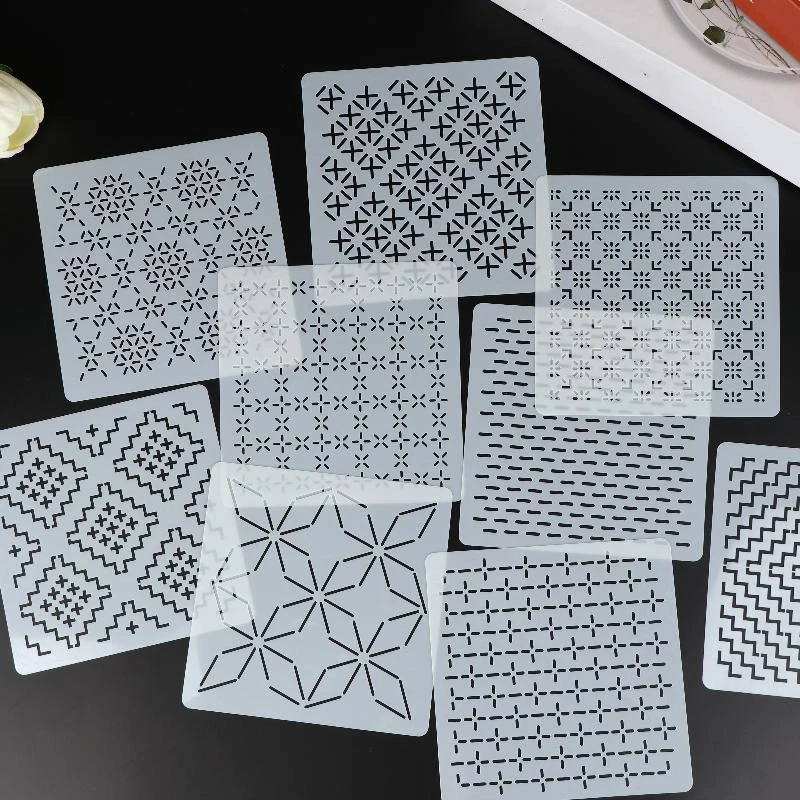9/32Pcs Sashiko Embroidery Template DIY Geometric Patchwork Stencil Reusable PET Stencil Handmade Embroidery Handicraft Tools