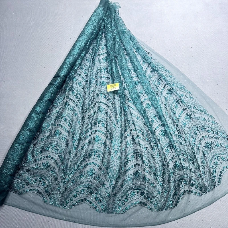 

10 Yards Dark Green Fadhion Design Africa Glitter Fabric Embroidery Net Lace With Glued Glitter Sequins Wedding Or Party Dress