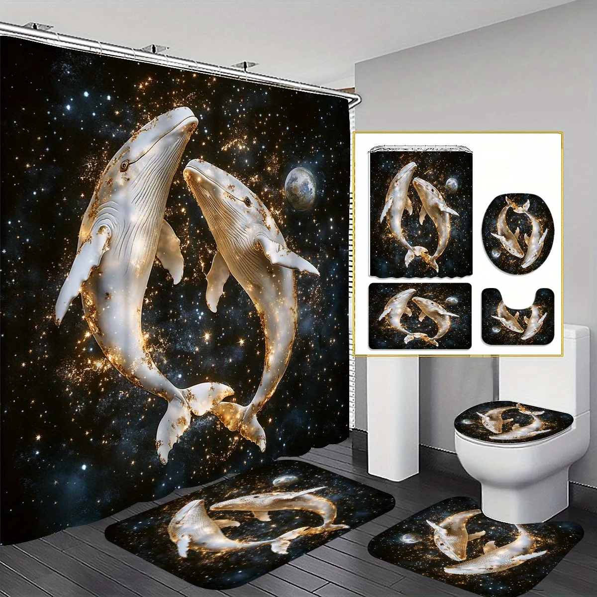 

4 шт., красивая космическая планета, сверкающая галактика, сладкий кит, набор занавесок для душа, занавески для ванной комнаты, декор для ванной комнаты