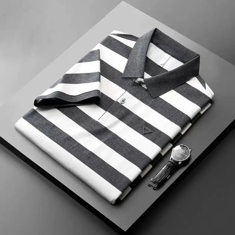 2024 New Fashion Trend Light Luxury Business Stripe Print Casual Loose Oversize Simple Versatile Short Sleeve Polo Shirts