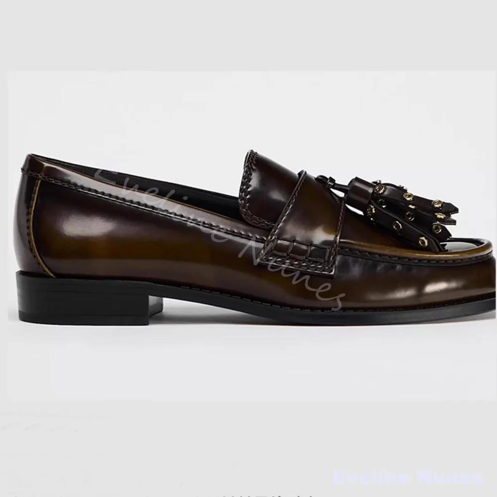 Spring Riveted Fringe Flats Women Brown Leather British Style Chunky Heel Slip On Loafers New Fashion Casual Leather Shoes