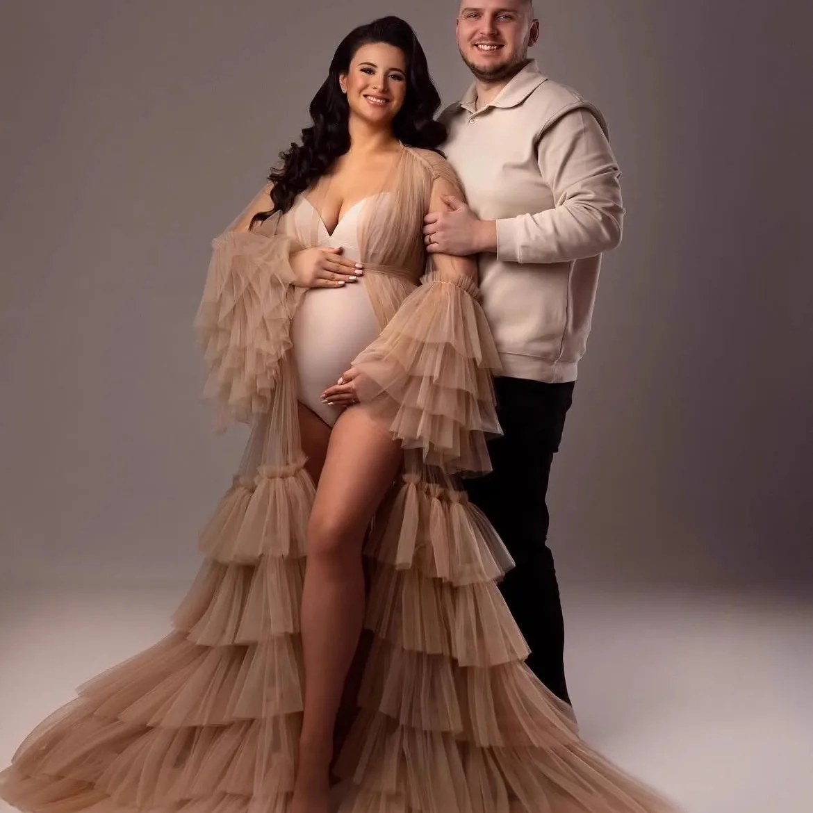 

Сексуальное прозрачное платье Materni Dr для беременных женщин, для фотосессий, с высокой талией, длинными рукавами, V-образным вырезом, в стиле принцесс.