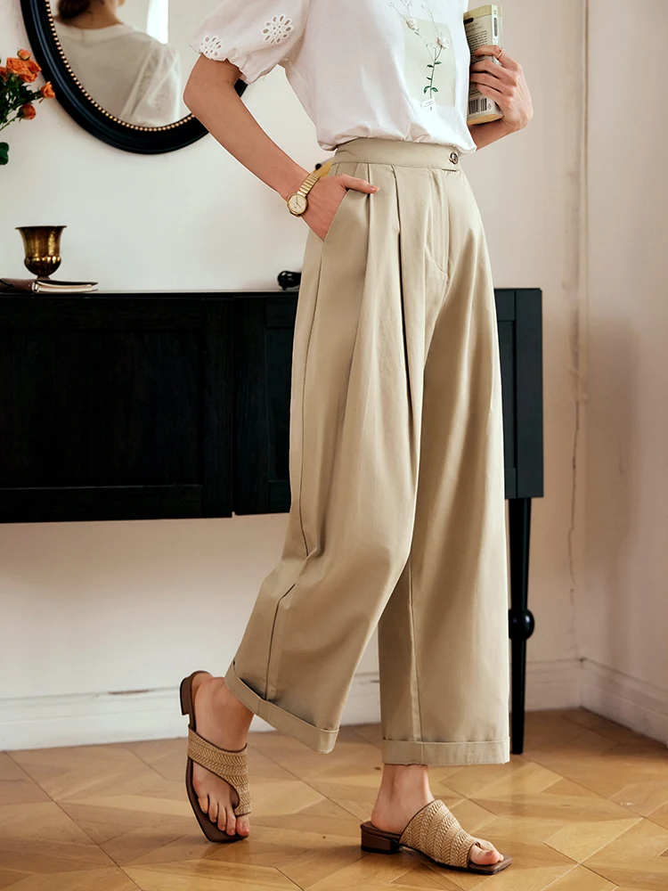 

OLrain Summer Khaki Casual Pants For Women 2025 Fashion Loose High Waisted Pants 100%Cotton Commuter Harem Pants O24XK82656