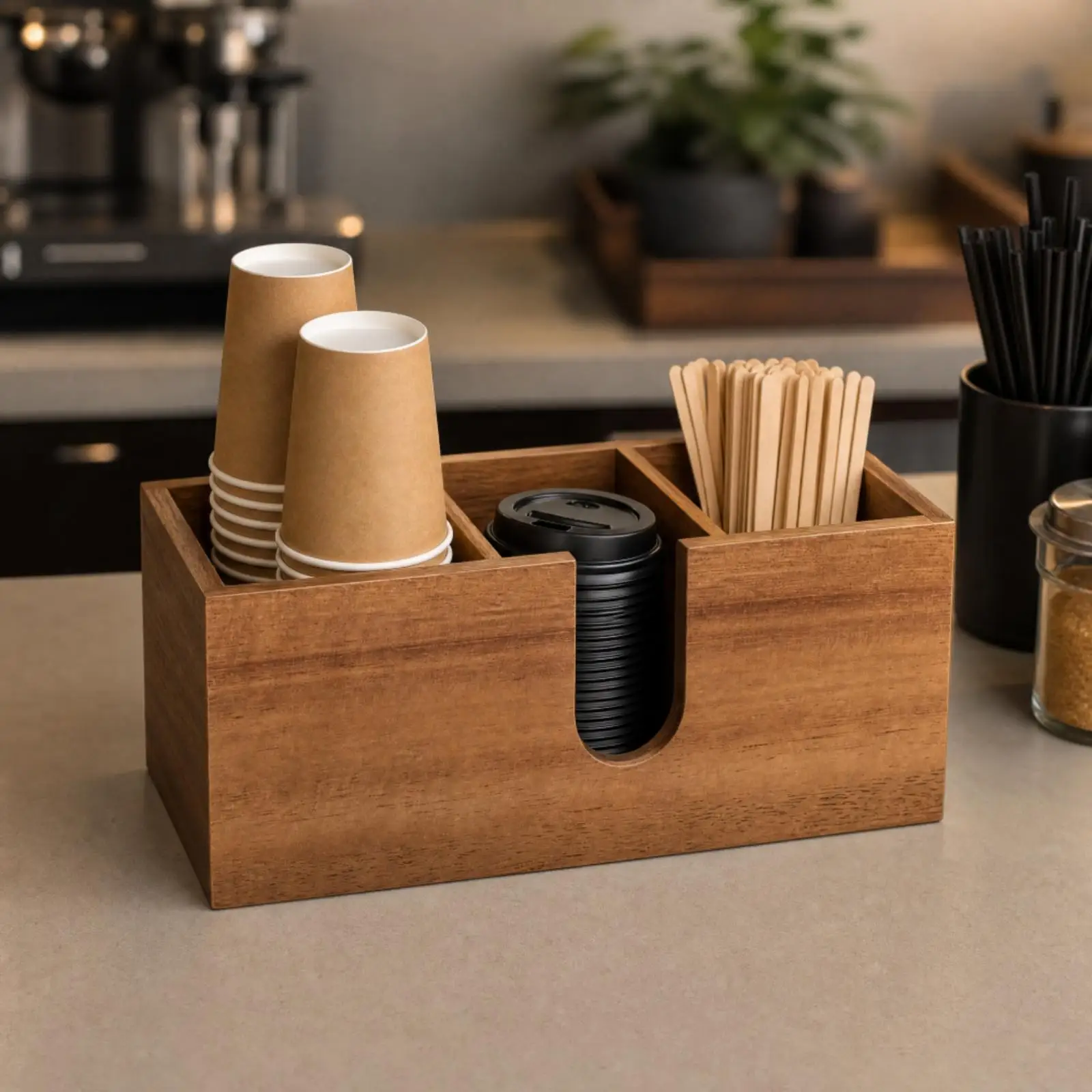 Desk Storage Organizer for Coffee Machine Accessories with Rounded Cutout for Easy Reach Pine Wood Dark