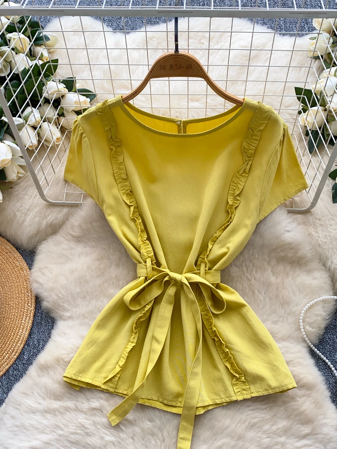 

Retro ort Sve irt Women Summer Wood ain Tie Waist Design Lady Maturi Ele Top Korean Sle Loose Fit