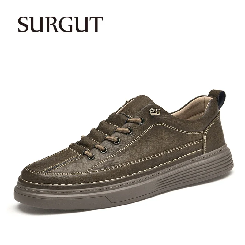 SURGUT Spring Autumn Mens Casual Shoes Leather Fashion Breathable Anti-Skid Classical Versatile Board Sneakers Size 37-47