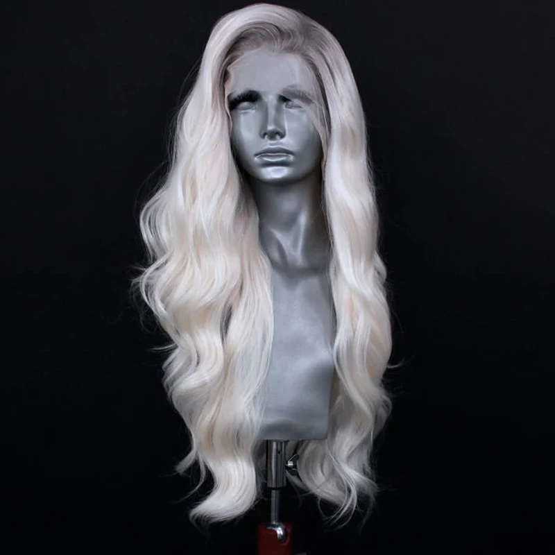 White Blonde Lace Front Wig Ash Roots 24