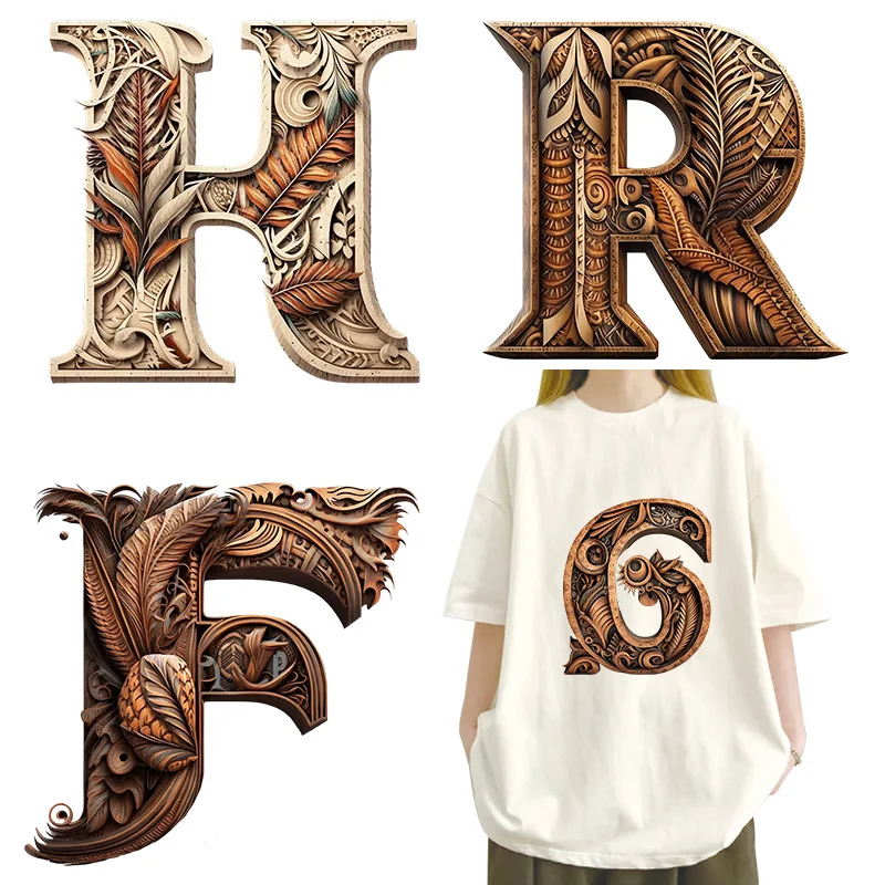 26 letter wood grain visual design A-Z letter hot stamping DTF Thermo Sticker Decals Heat Transfer Clothes Clothing Diy Accessor