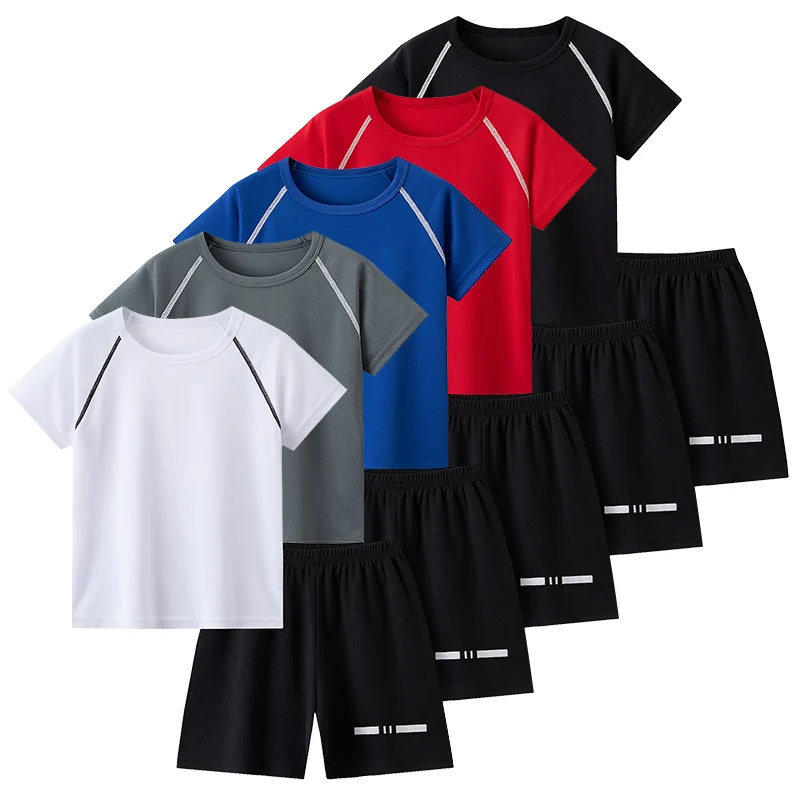 2-teiliges Sommer-Kinder-Sport-Freizeit-Set mit mehrfarbigen kurzen Ärmeln für Jungen und Mädchen, einfaches T-Shirt, schwarz, atmungsaktiv – Detail 2