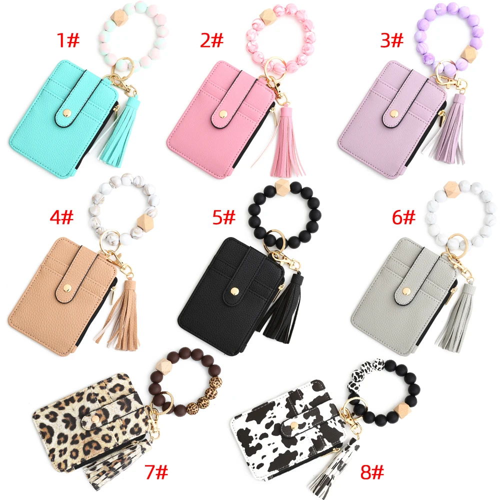 2023 Fashion multifunctional Pattern Credit Card Bag Pu Leather Coin Purse Women Silicone Bead Bangle Keychain