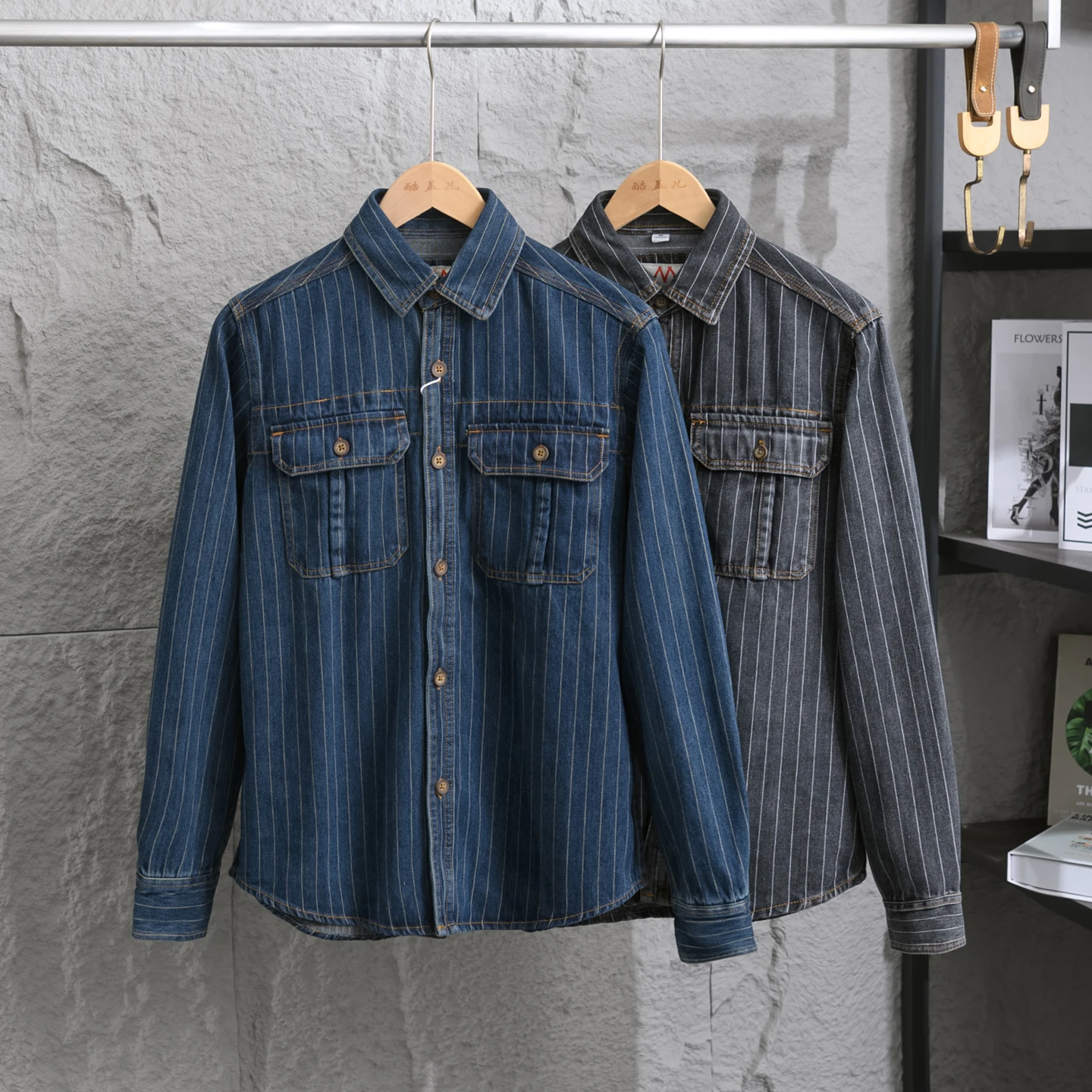 Heavyweight Pure Cotton Khaki Shirt Autumn Winter Men's Retro Trendy Striped Casual Long Sleeve Top Comfortable Breathable
