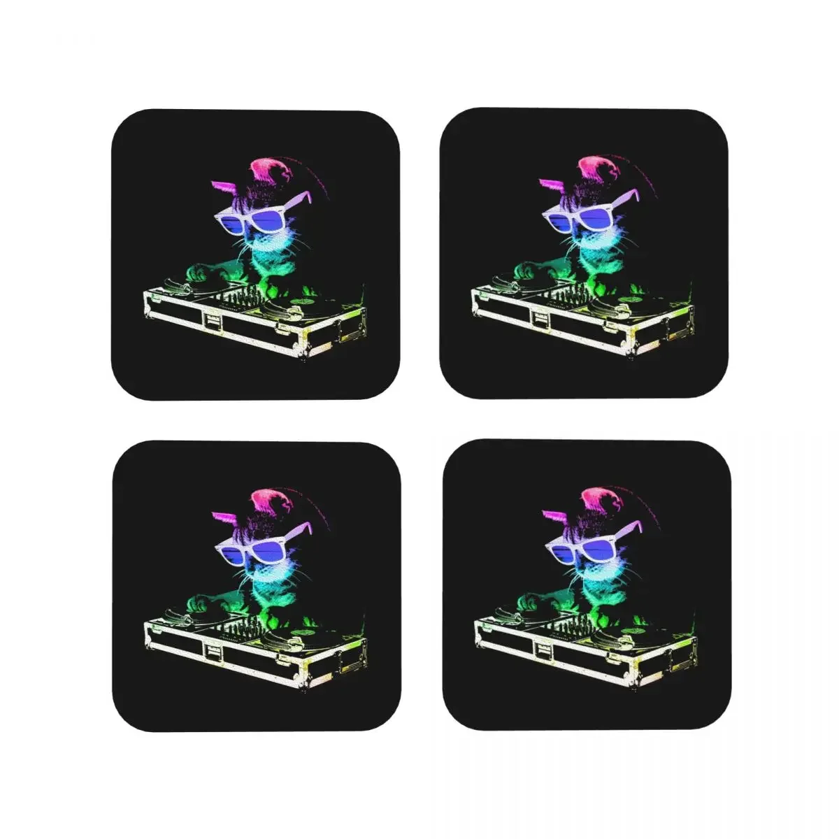 House Cat (Rainbow Dj Kitty) Coasters Coffee Mats Leather Placemats Mug Tableware Decoration & Accessories Pads for Home Kitchen