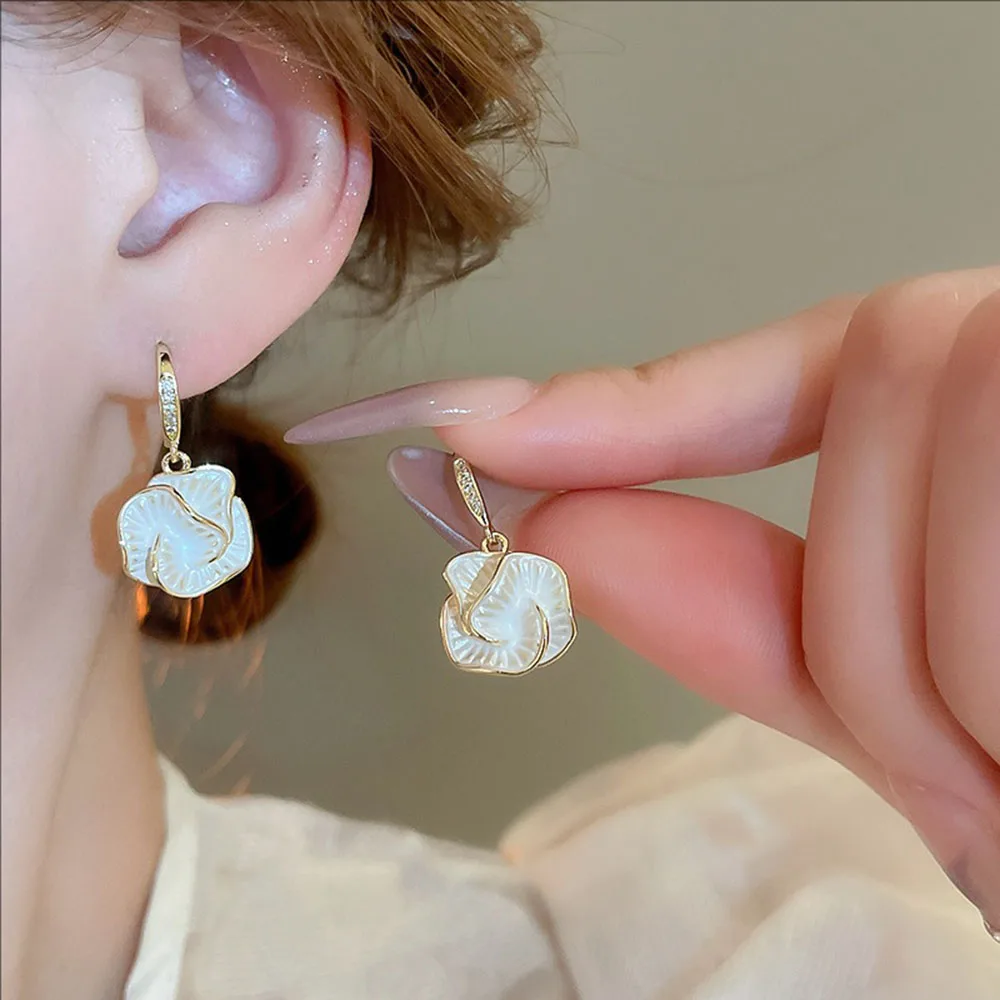 

Real Golden Electroplated Super Fairy Zircon Camellia Flower Earrings Exquisite High-end Copper Jewelry For Women