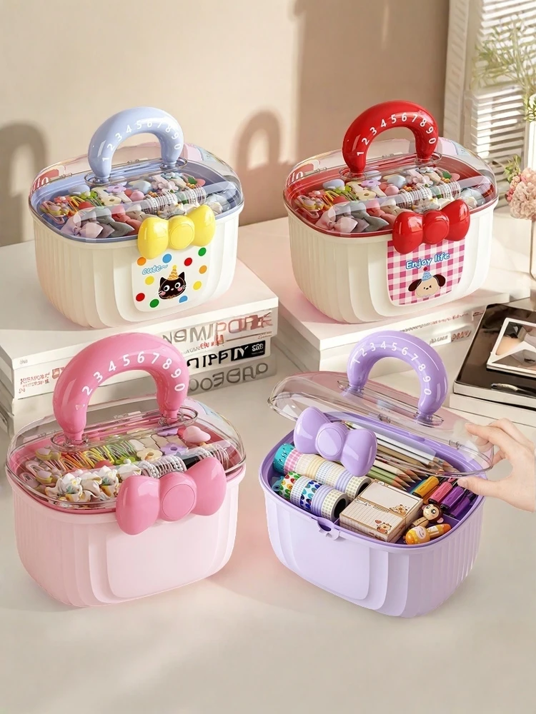 

Портативный двухслойный пылезащитный органайзер для детских украшений с крышкой, разделителем и мультяшным дизайном, пластиковый контейнер для хранения на рабочем столе