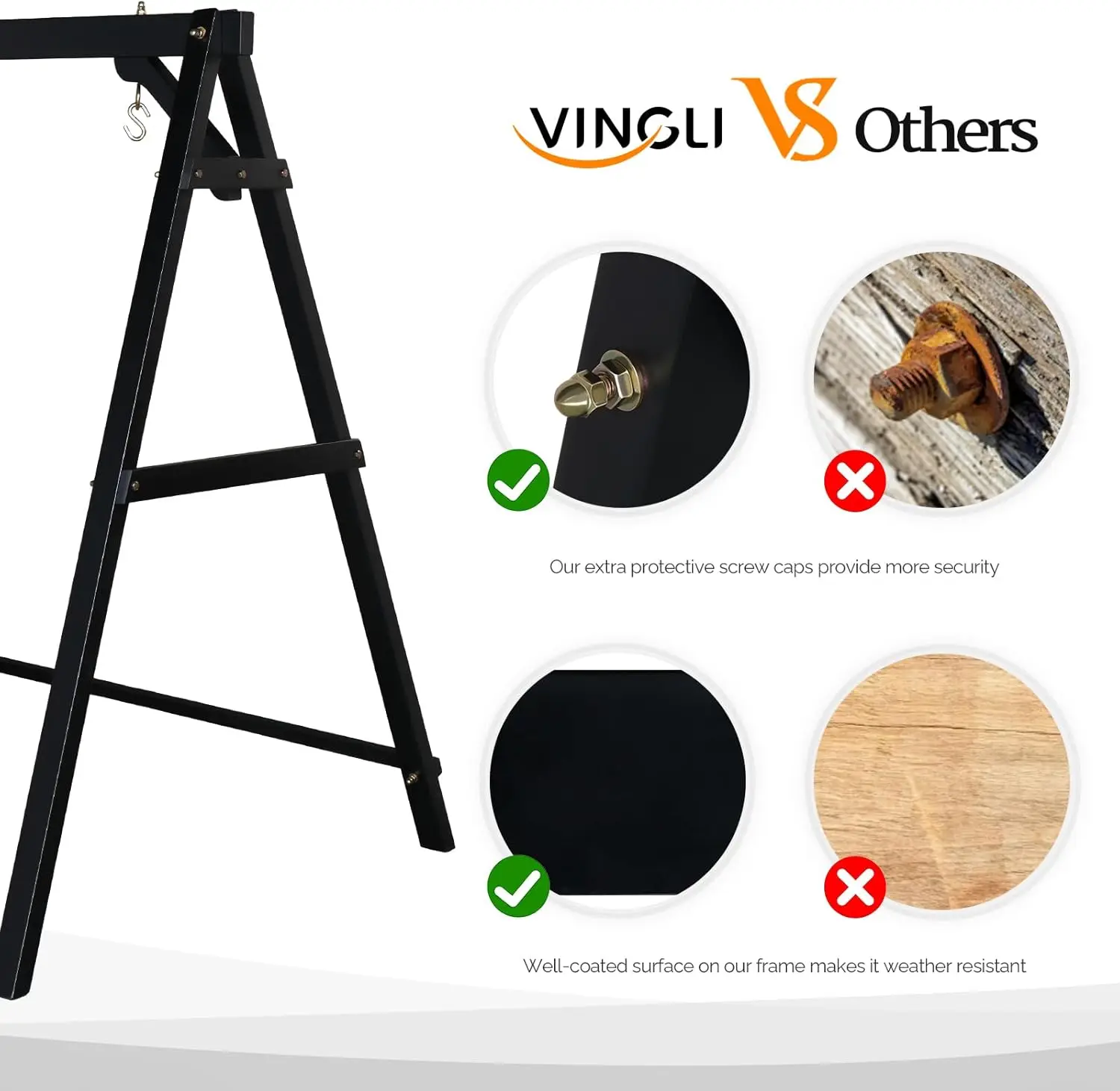 Garden Patio Porch Swing Stand, 5FT Wooden Frame, Black, 660 LBS Heavy Duty, Stability Bar, Upgraded Hanger