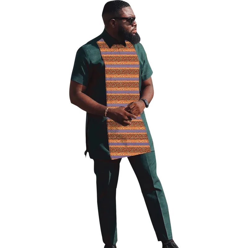 Blackish Green Men\'s Set Patchwork Tops With Pants African Party Wear Stylish Short Sleeve Collared Shirt Wedding Groom Suits