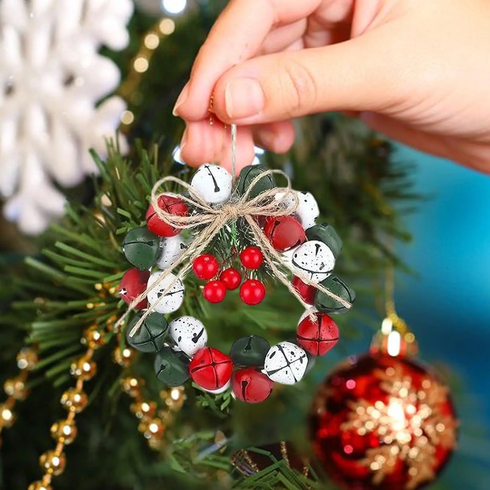 

Винтажный рождественский венок, декор 2,5 дюйма, красная ягода, золотой колокольчик, искусственная зелень, гирлянда для двери, окна, стола, свадебного праздника