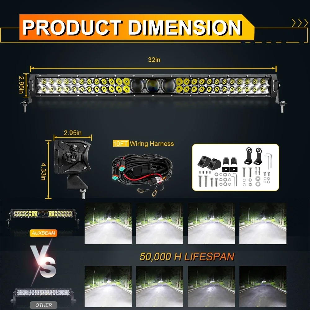 AUXBEAM 12-32 inch LED Work Light Bar with Wire Harness kit 270W 33000lm High Brightness for SUV ATV UTV Trucks 5D-PRO Series