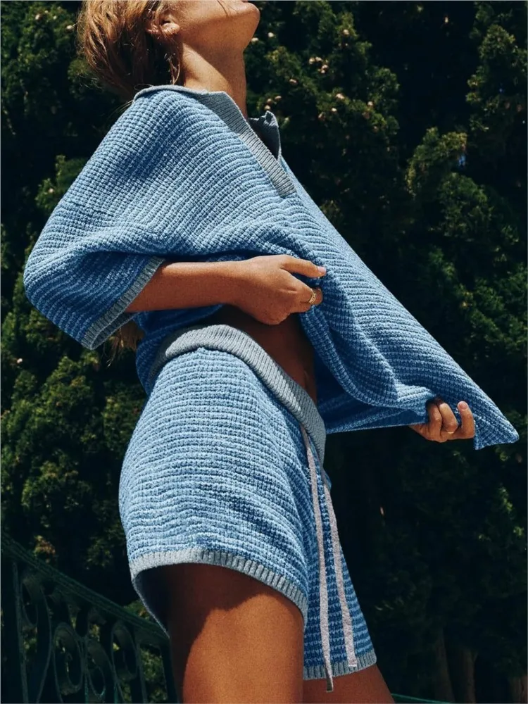 Women's Casual Sweater Knitted Shorts Suit Summer Fall New Short Sleeve V Neck Tops+ Shorts Fashion 2 Piece Sets Female Outfits image 4