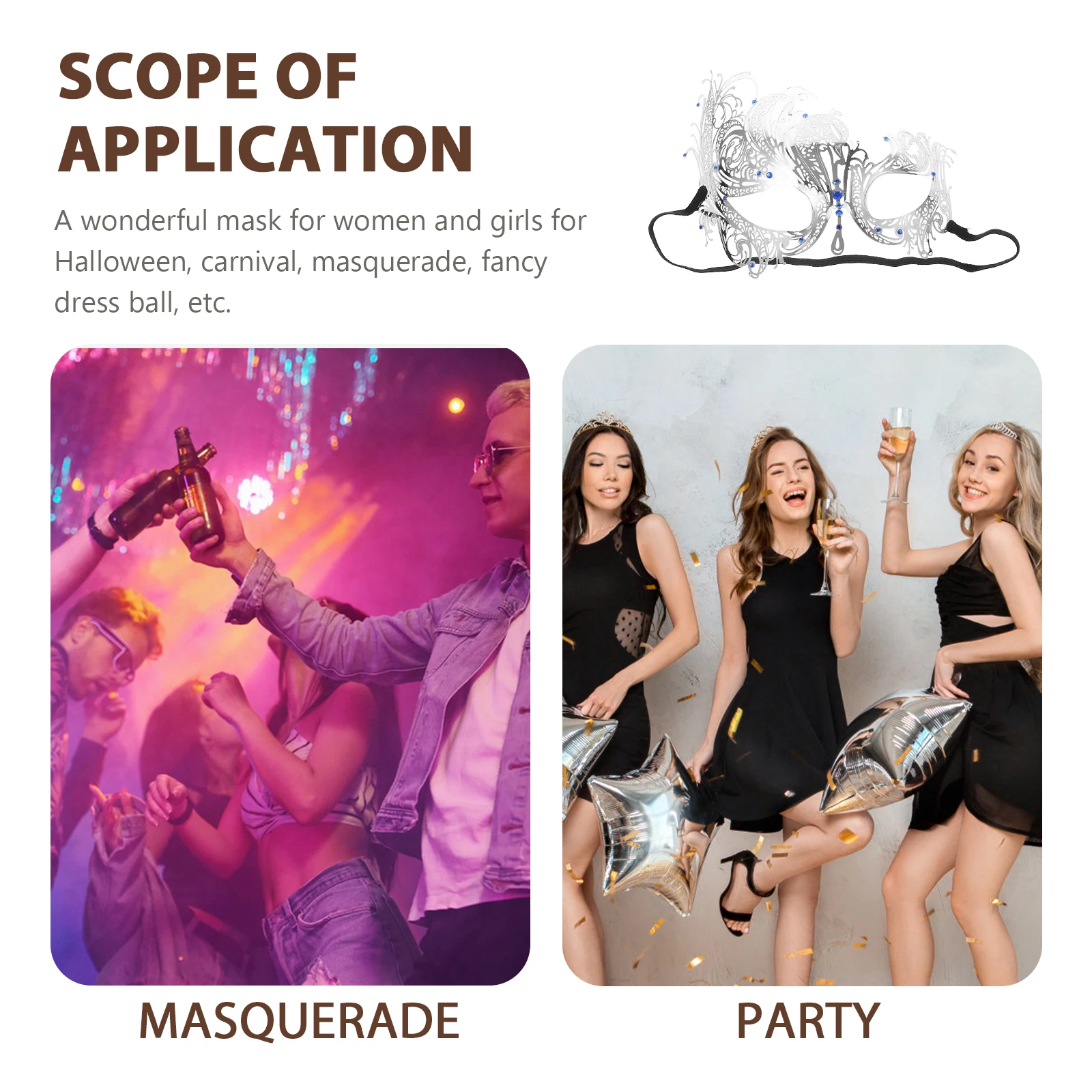 

Half Face Mask Masquerade Ball Metal Decor Half-face Women Cosplay Party Masks Halloween Masks Blue Silver Color