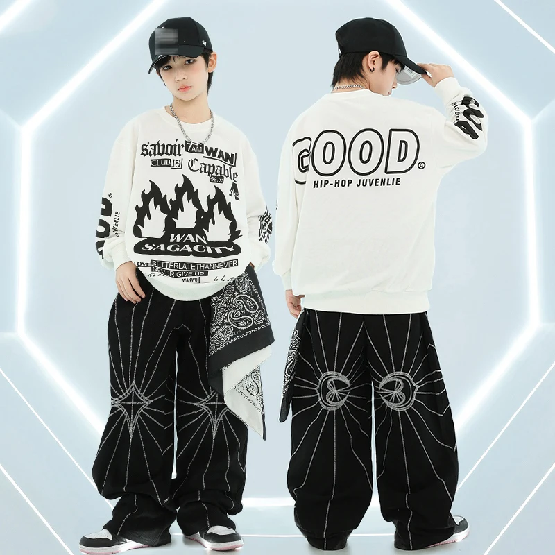 New Hip Hop Boys Clothes Loose Long Sleeves Tops Black Pants Street Dance Clothing Breaking Performance Costume Kids Set BL14377