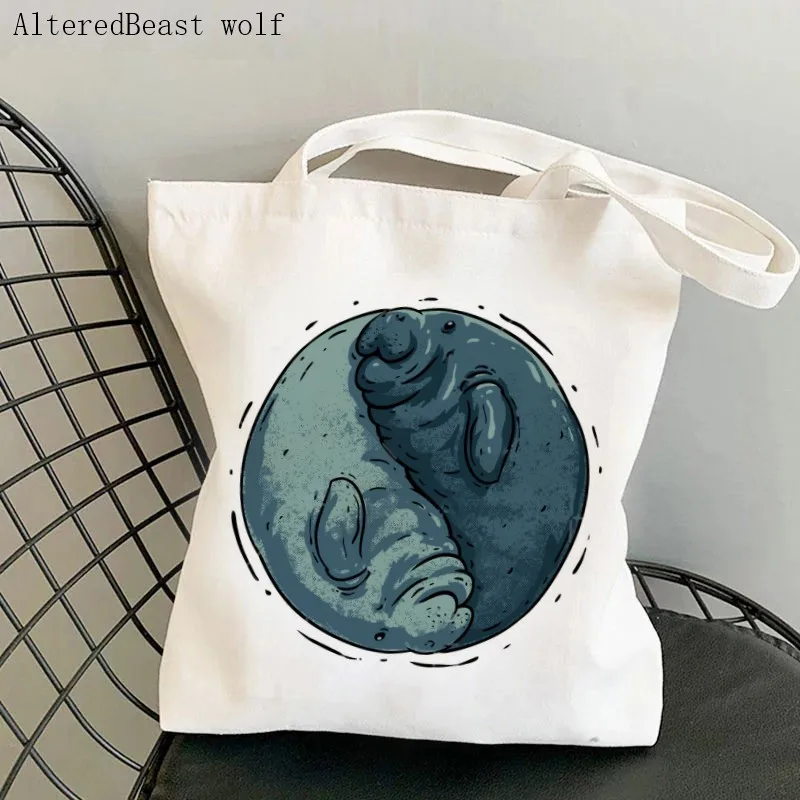 

Women Canvas Shoulder bag Manatee Yin And Yang Dugong Shopping Bag Students Books Bag Harajuku Shopping Handbags Tote For Girls