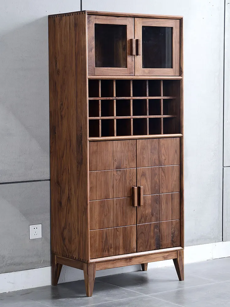 Black walnut red wine cabinet, solid wood wine rack, glass door, minimalist modern display cabinet, home living room