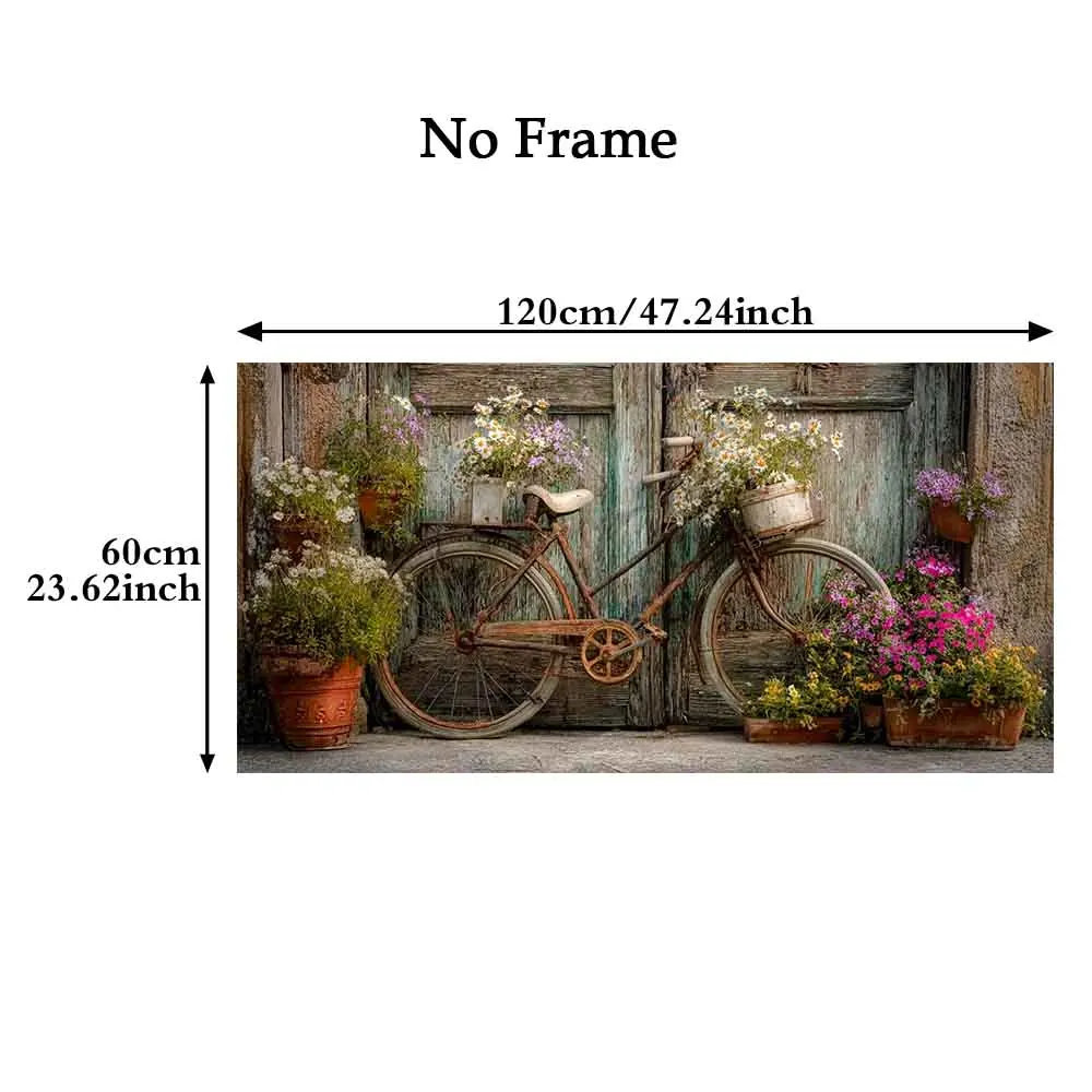 [2D Flat]1pc 23.62*47.24in/60*120cm UnFramed Vintage Bicycle with Flower Basket Canvas Wall Art Mural