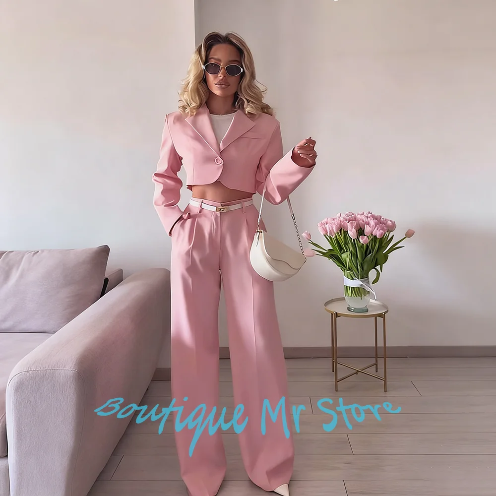 

Грайливые женские розовые костюмы из двух предметов (укороченный блейзер + широкие брюки), комплект на одной пуговице, повседневная деловая офисная женская одежда, модная