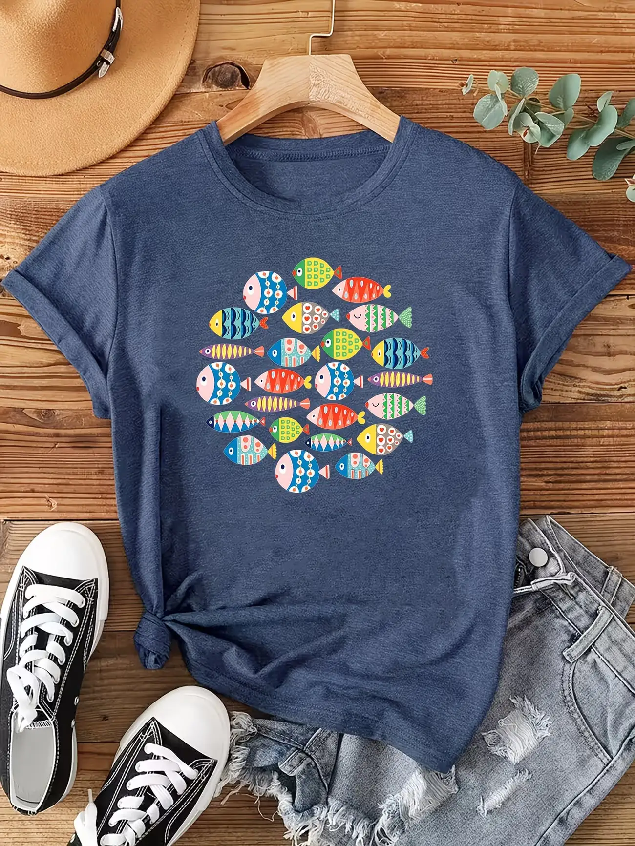 

Plus size women's short sleeve T-shirt Colorful Fish Pattern Design soft and comfortable fabric summer outfits women's clothing