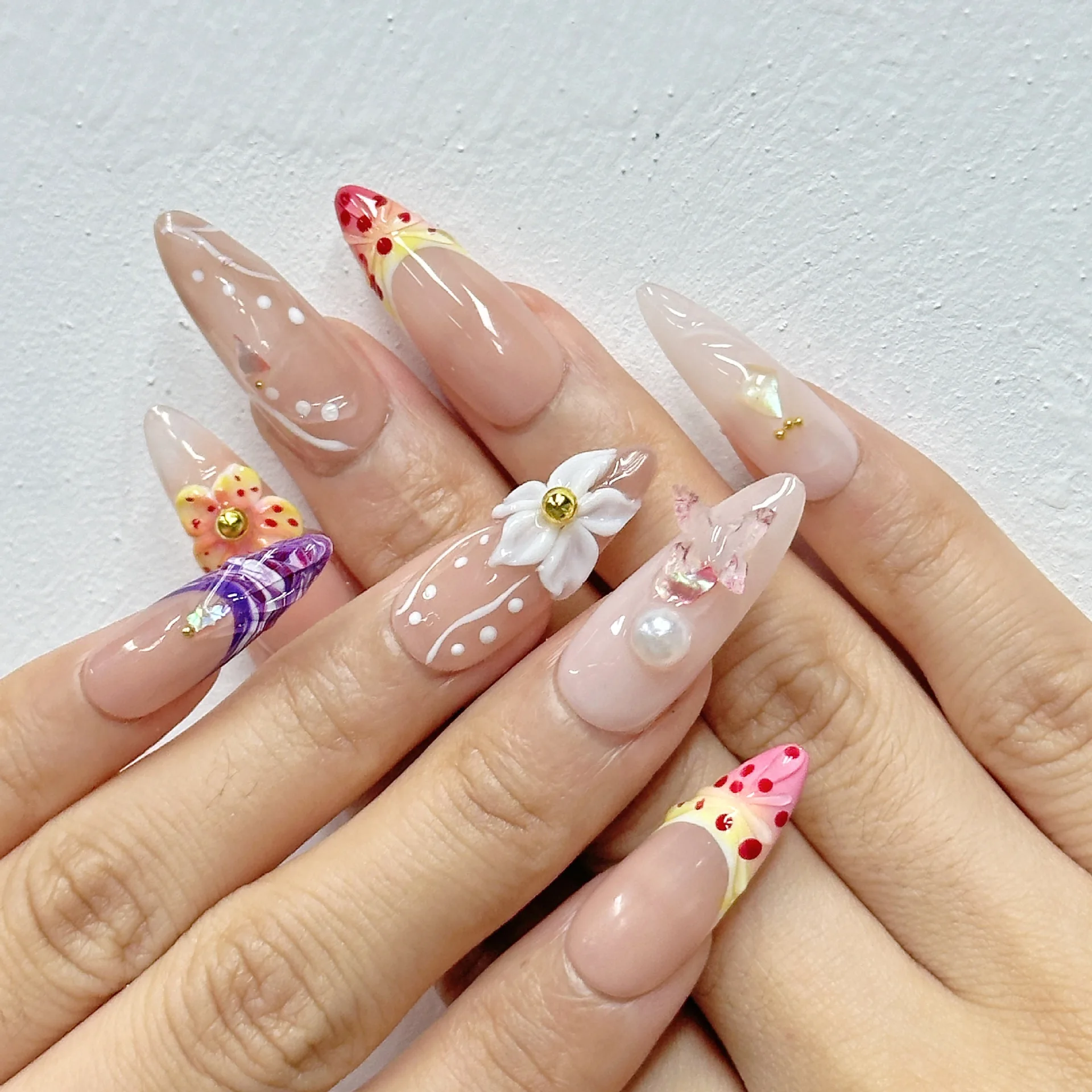 

3D Summer Press On Nails Long Almond French Style Handmade False Nails With Hand Painted Flower Designed Glossy Fake Nail Tips