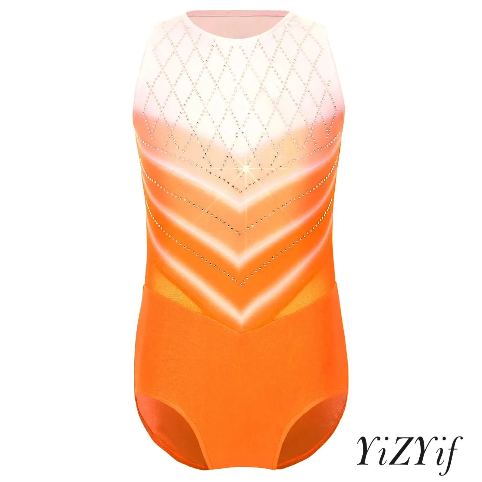 

Kids Girls Gymnastic Ballet Costumes Sparkly Rhinestones Jumpsuit Sleeveless Gradient Color Design Crotch Press Buttons Leotard