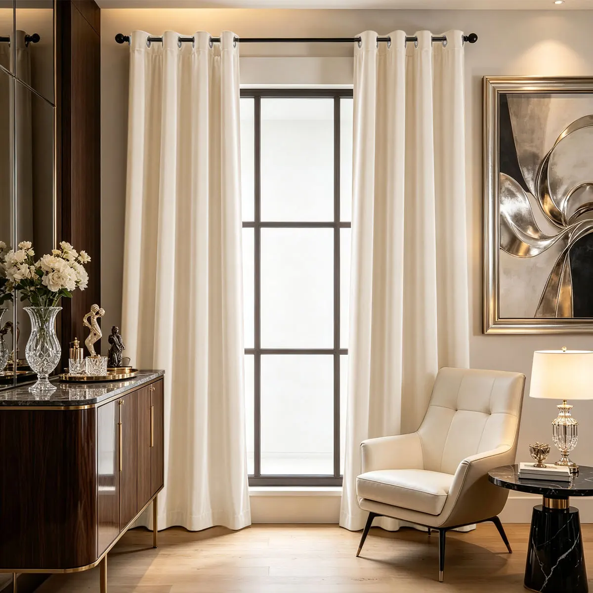 Cream Solid Velvet Grommet Curtains Set of 2, Blackout Window Drape, Neutral Curtain For Bedroom Living Room