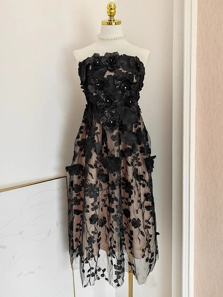 Vestido negro de malla con bordado Floral para mujer, Vestidos sin mangas para fiesta de vacaciones de verano, ropa de calle ajustada, ropa de fiesta para mujer