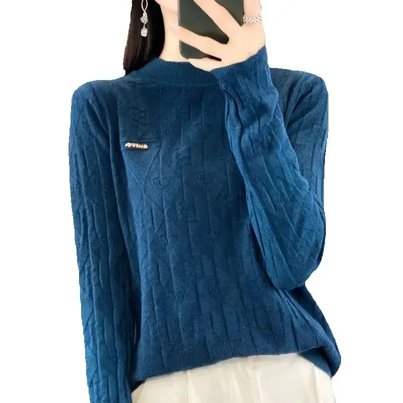 2025 Autumn Women Sweater Pullover Half High Collar Solid Jacquard Long Sleeve Loose Knitwear Jumper Female Tops Bottoming Shirt
