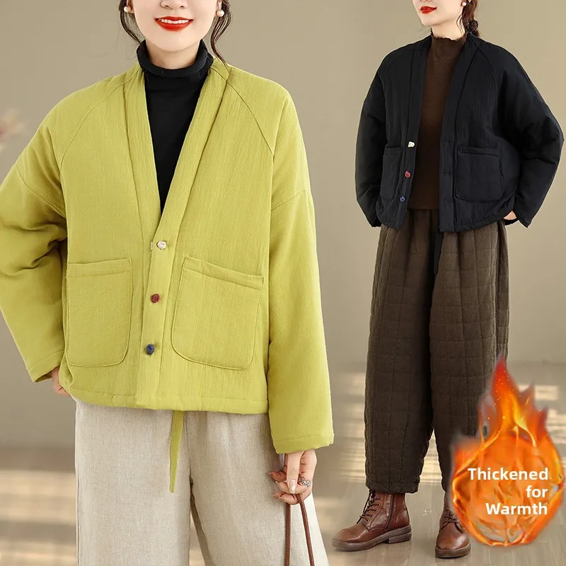 

Хлопковая куртка на пуговицах в стиле ретро, женская зимняя новинка, хлопковая одежда с зажимом для ветра, льняное теплое пальто Long Sve