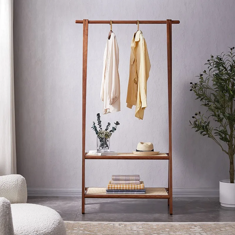 American Style Solid Wood Walnut Real Rattan Freestanding Coat Rack for Home Bedroom Homestay view 3