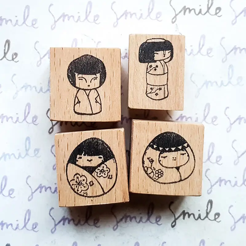 Mini Scrapbooking Wooden Stamp Japanese Kokeshi Dolls Japan Culture Diary Decoration Cute Journaling Wooden Stamps