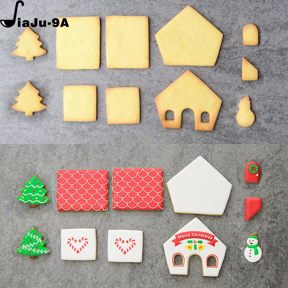 Molde de casa de jengibre de Navidad 3D, juego de cortadores de galletas de plástico, molde para galletas DIY, pastel de pastelería, sello,