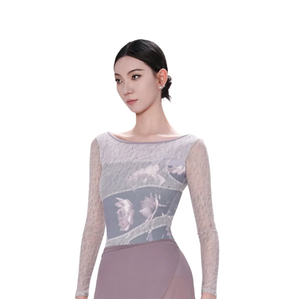 

Балетный комбинезон, сетка с длинными рукавами и принтом, женский стиль для взрослых, утягивающий костюм для танцевальной йоги