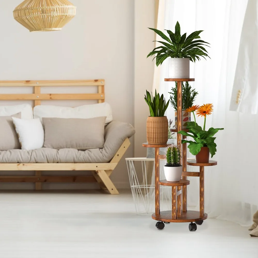 

5 Tier Plant Stand with 4 Detachable Wheels Wooden Plants Pot Rolling Shelf Plants Display Rack ，Plant Shelves