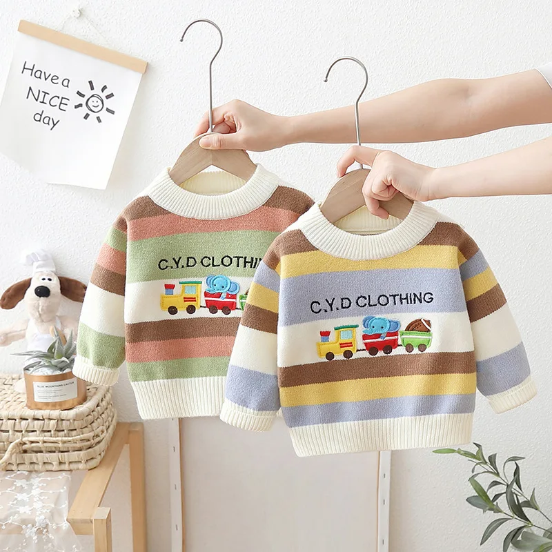 

MILANCEL New Winter Kids Sweater Children Cartoon Stripe Train Knitwear Girls Clothes