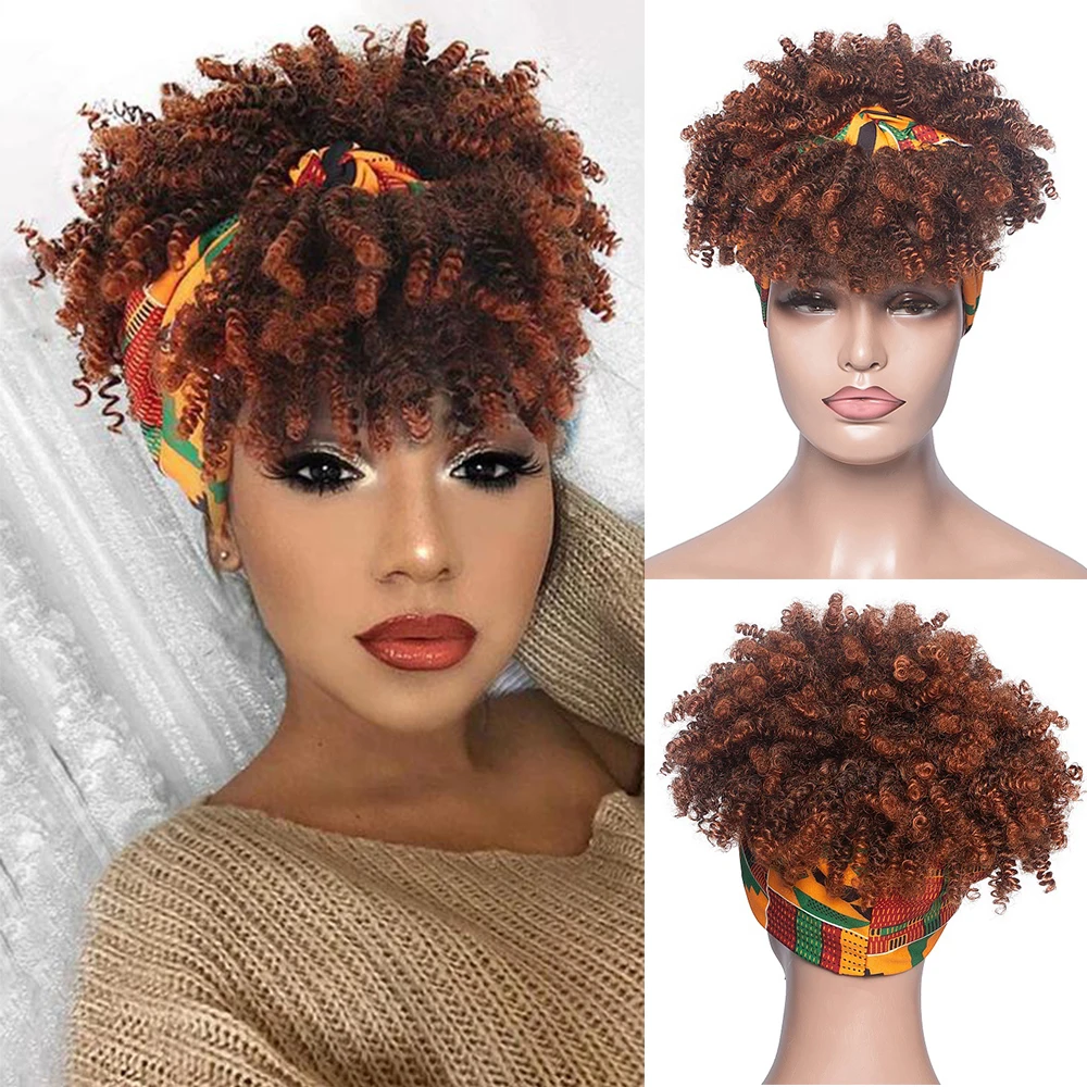 Short Kinky Curly Headband Wig Afro Puff Curly Headband Wig with Bangs for Women Natural Ombre Blonde Synthetic Turban Wrap Wig