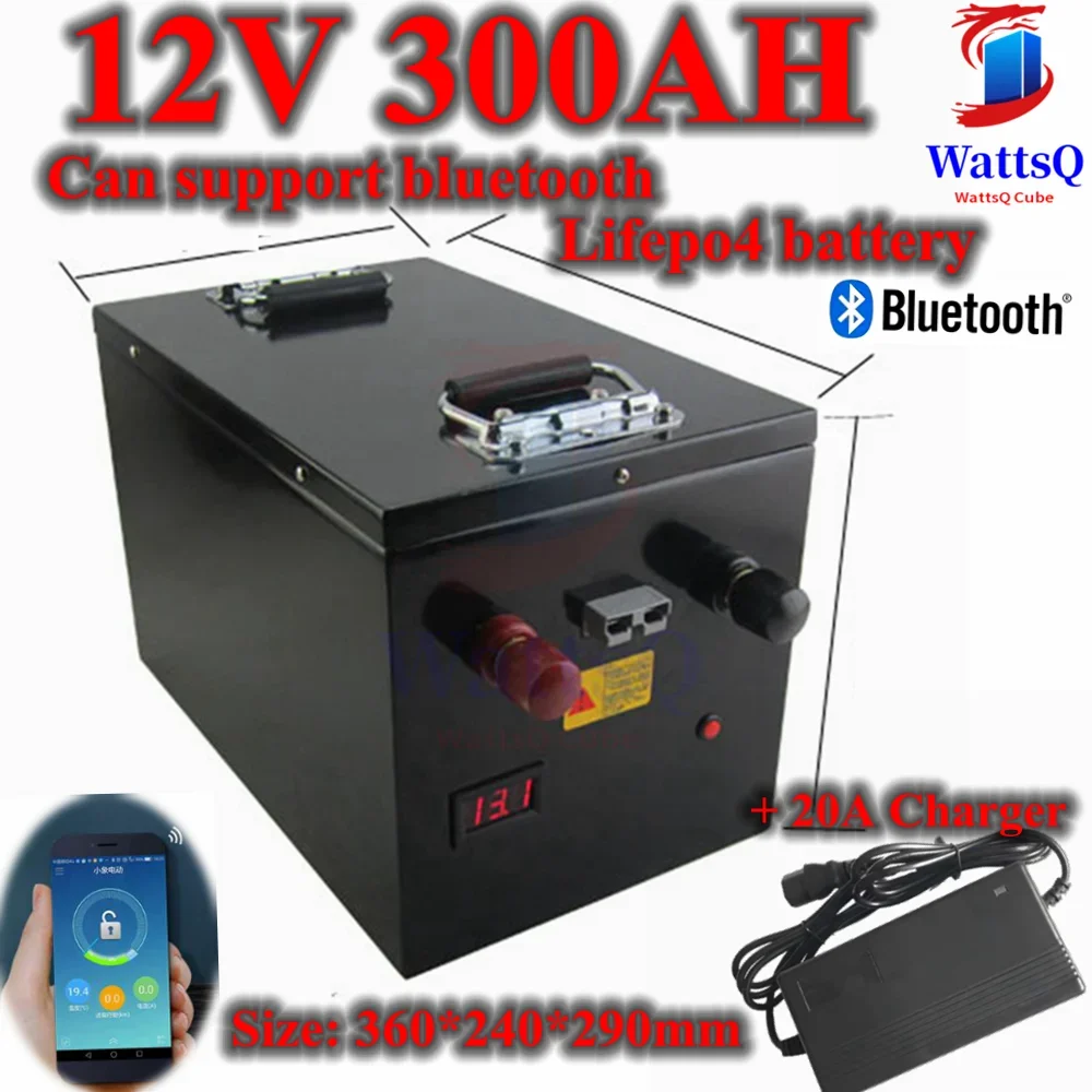 12V 12.8V 300AH Lifepo4 lithium battery bluetooth BMS APP for 1200W 2000W inverter base station boat AGV RV + 20A Charger