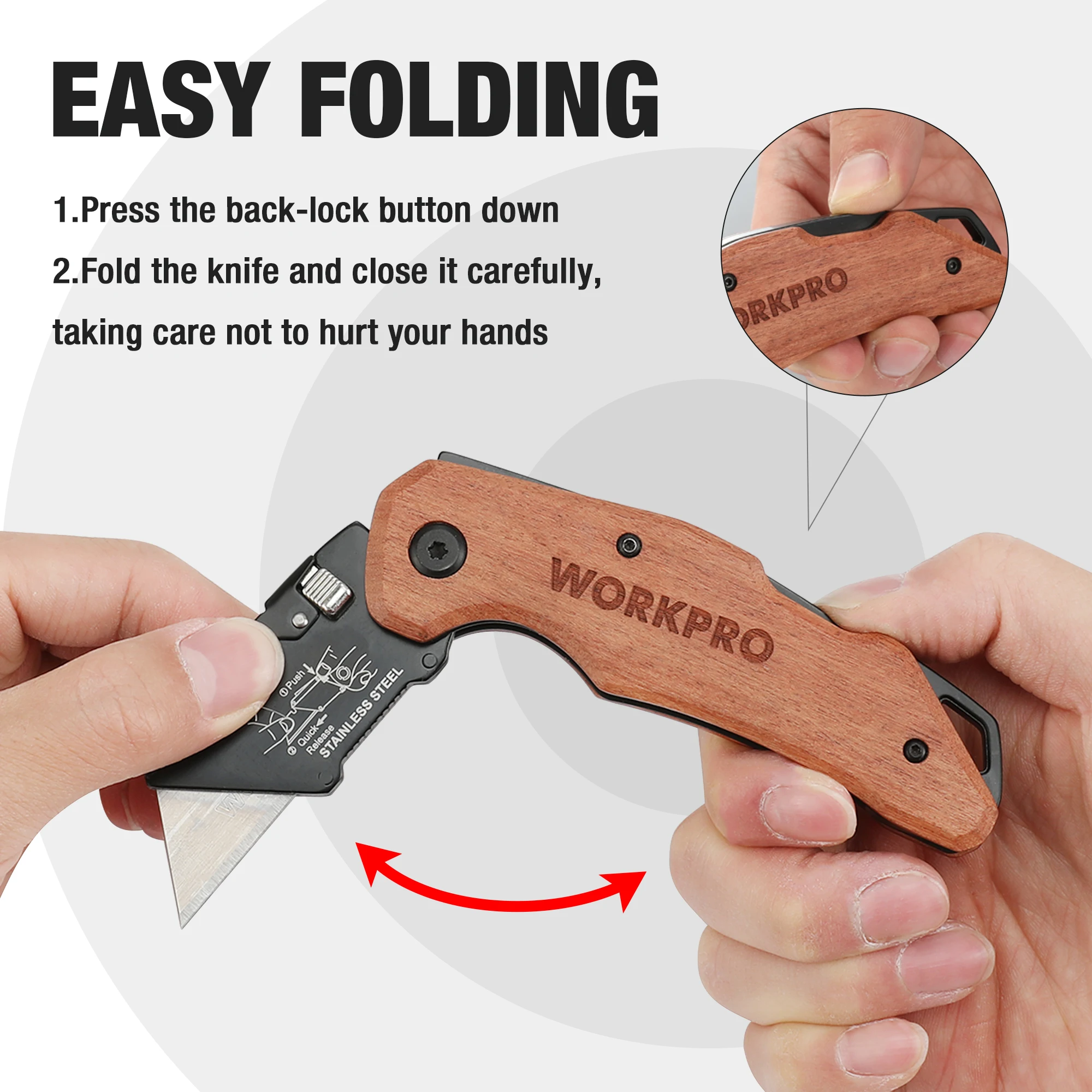 WORKPRO Wood Handle Folding Utility Knife, Box Cutter Replaceable Blade Heavy Duty Folding Box Cutter With 10 Blades