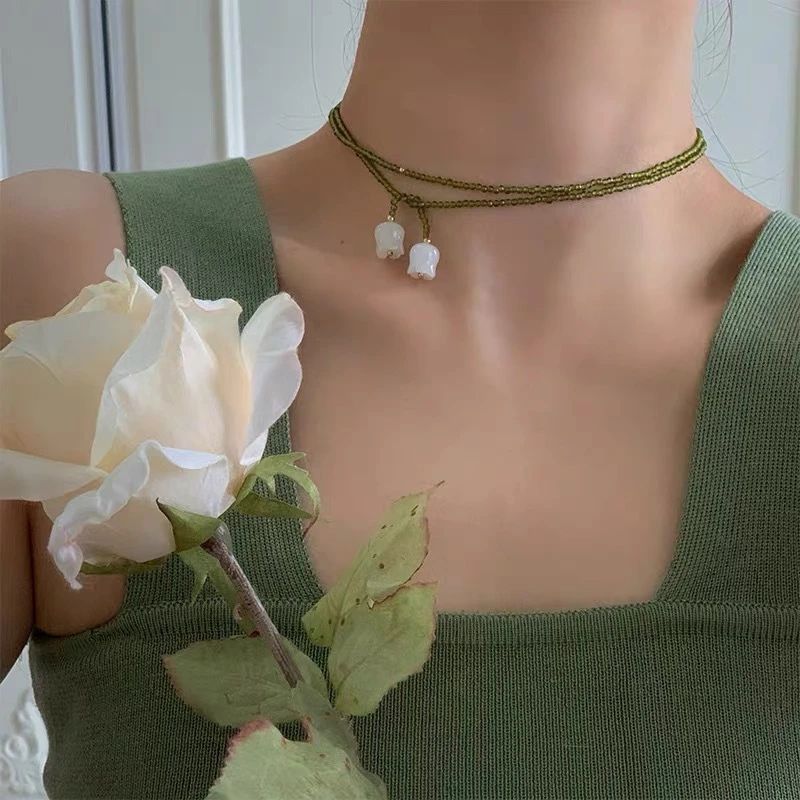 Vintage grüne Kristallperlen-Anhänger-Halskette für Frauen, minimalistische handgefertigte Perlen, lange verstellbare Halskette, Halskette, Schmuck – Detail 17