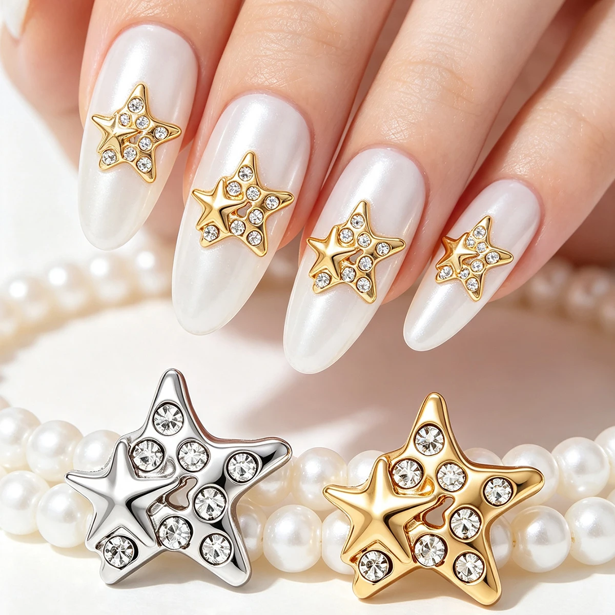 20 Pieces of European and American Palace-Style Alloy Star Nail Decorations, Y2K Metal Full Diamond Five-Pointed Star Nail Decorations, Simple and Versatile Nail Art DIY Nail Supplies