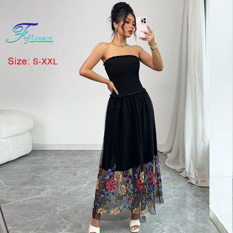 2025 แฟชั่นผู้หญิงสีดําชุดราตรียาวเอวสูงปักตาข่าย Big Swing กระโปรงฤดูร้อนค็อกเทลชุดราตรี