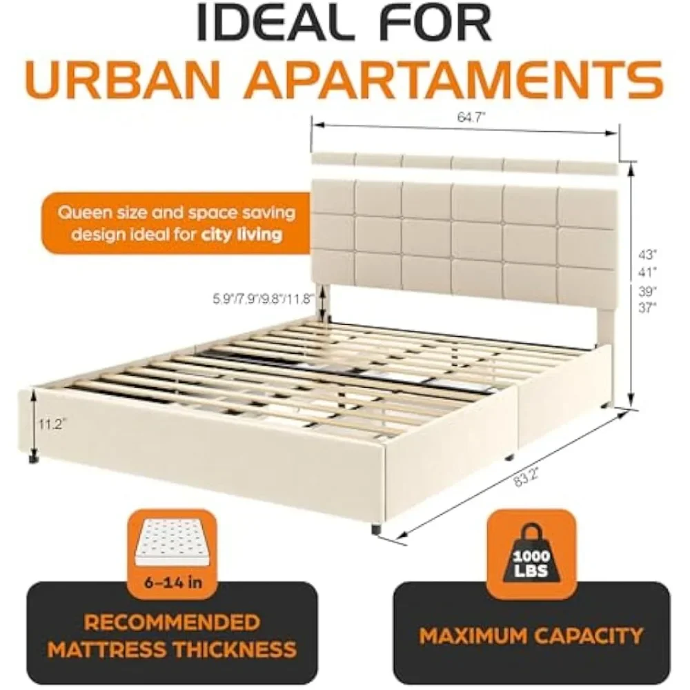 Bed Frame, Queen, with Storage, Drawers on Wheels, Fits Urban Apartment Bedroom, No Springs Required, Platform Bed Frame